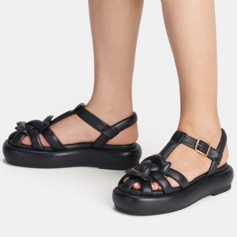 Coach Penney Strappy Fisherman Platform Black Leather Sandals